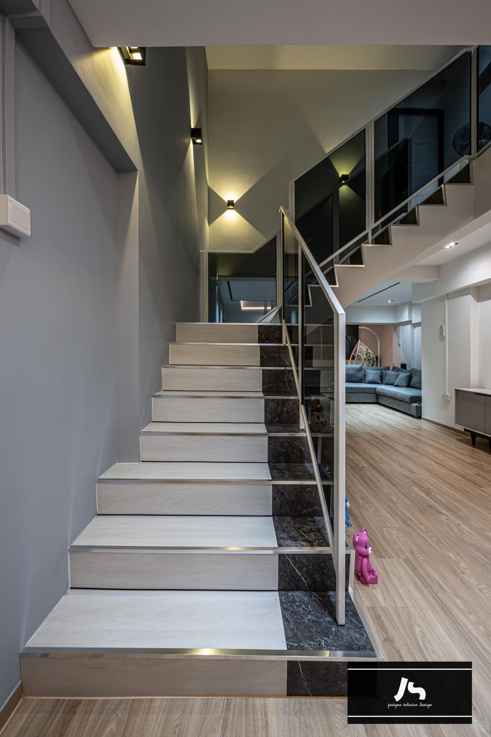 Modern Hallway with Drop Light and Staircase