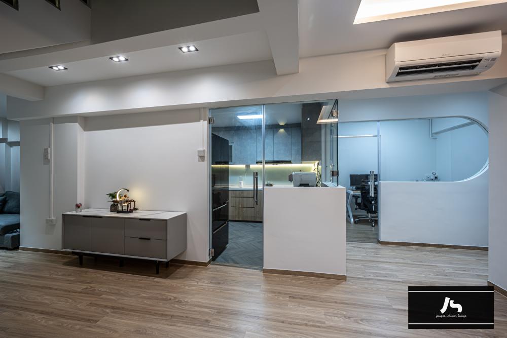 Modern Hallway with Glass Door and Open Kitchen