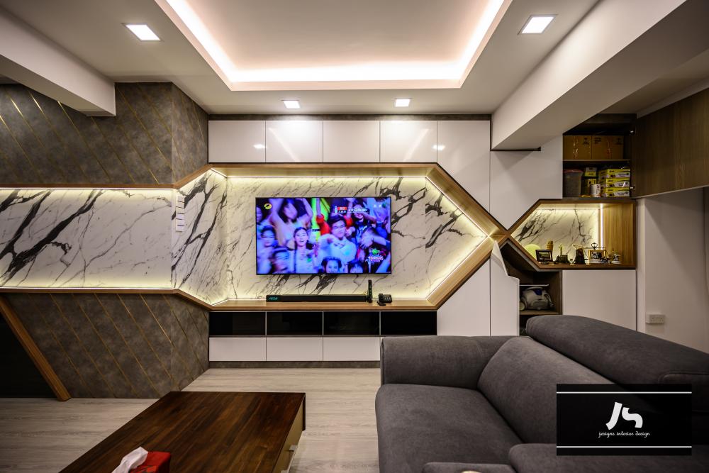 Modern Living Room with Bookshelf and TV Console