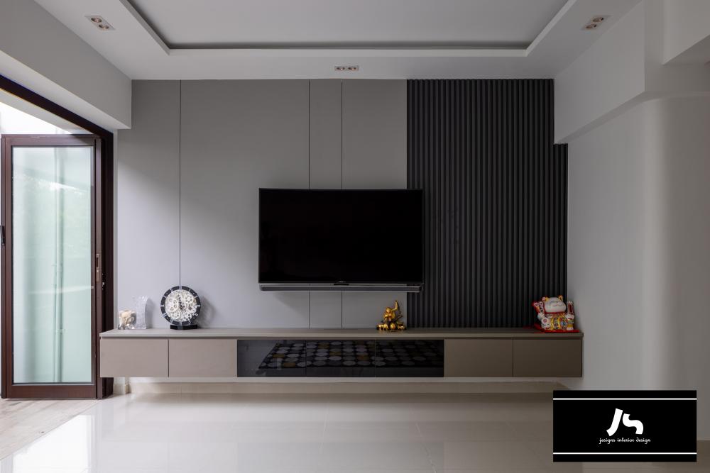 Scandinavian Living Room with TV Console and Feature Wall
