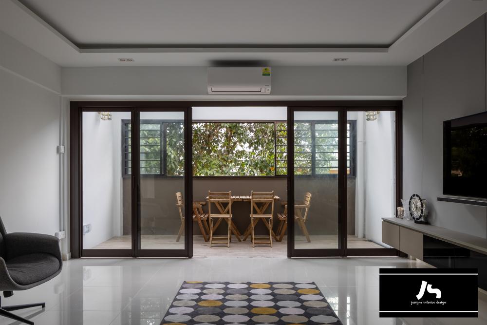 Scandinavian Balcony with Window Seat and Window Shutters