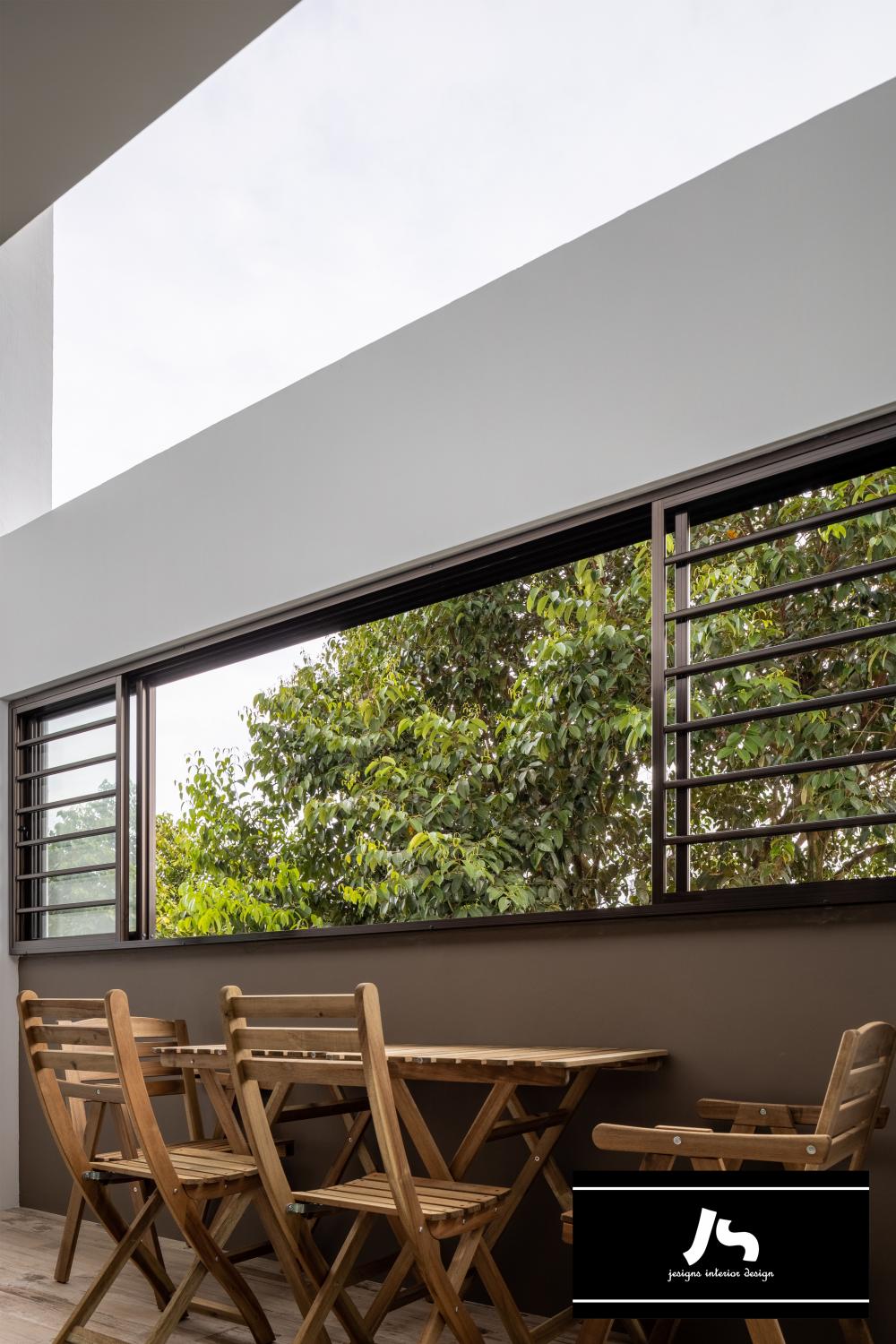 Scandinavian Balcony with Window Seat and Outdoor Table