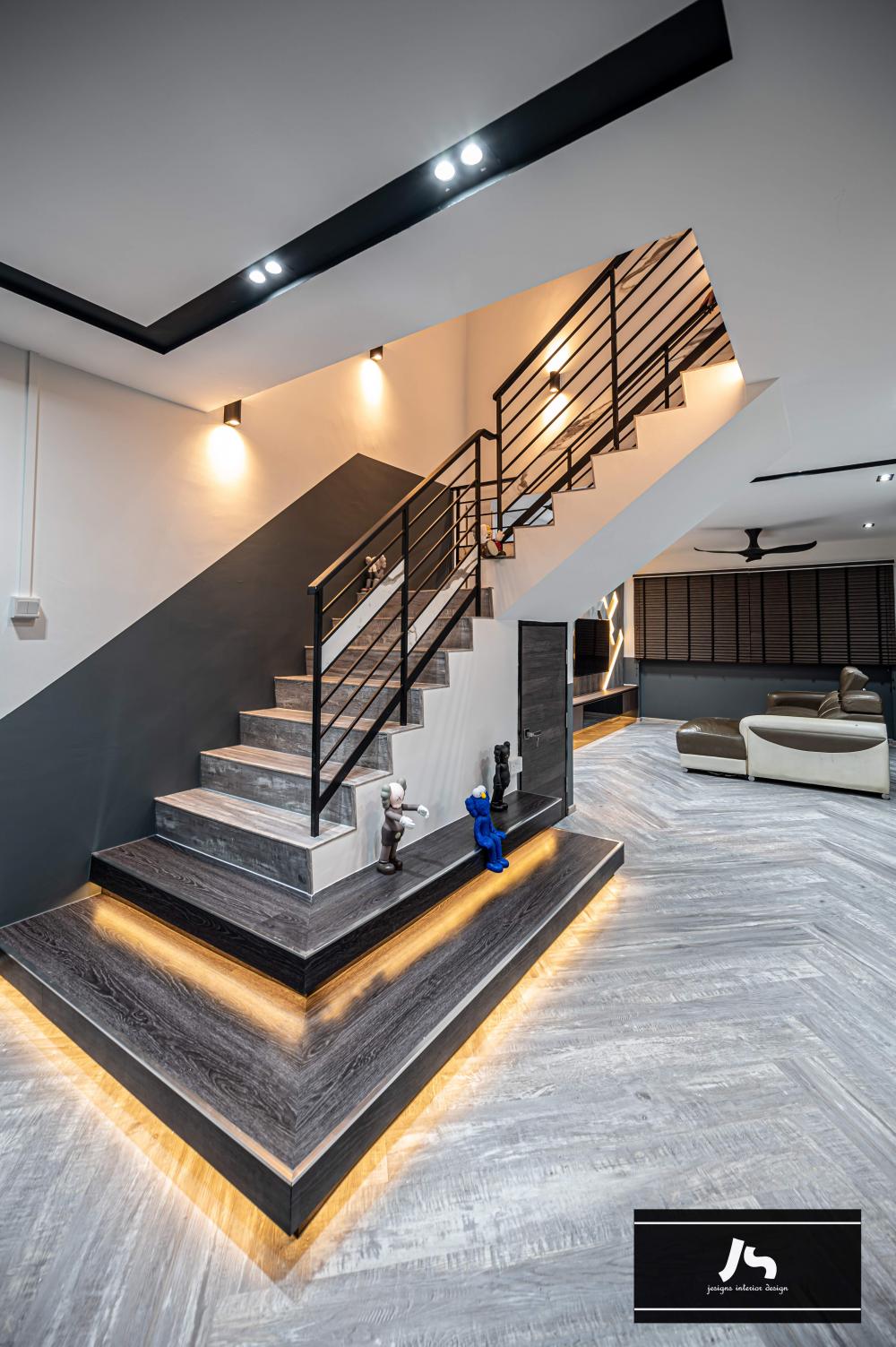 Modern Hallway with Drop Light and Staircase