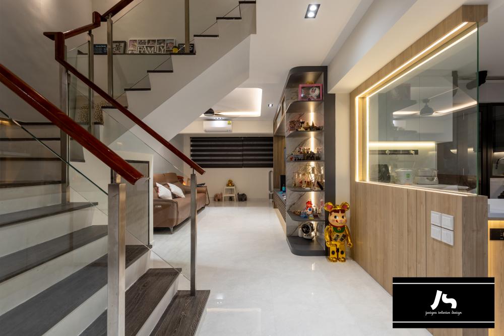 Modern Living Room with Glass Door and Open Kitchen