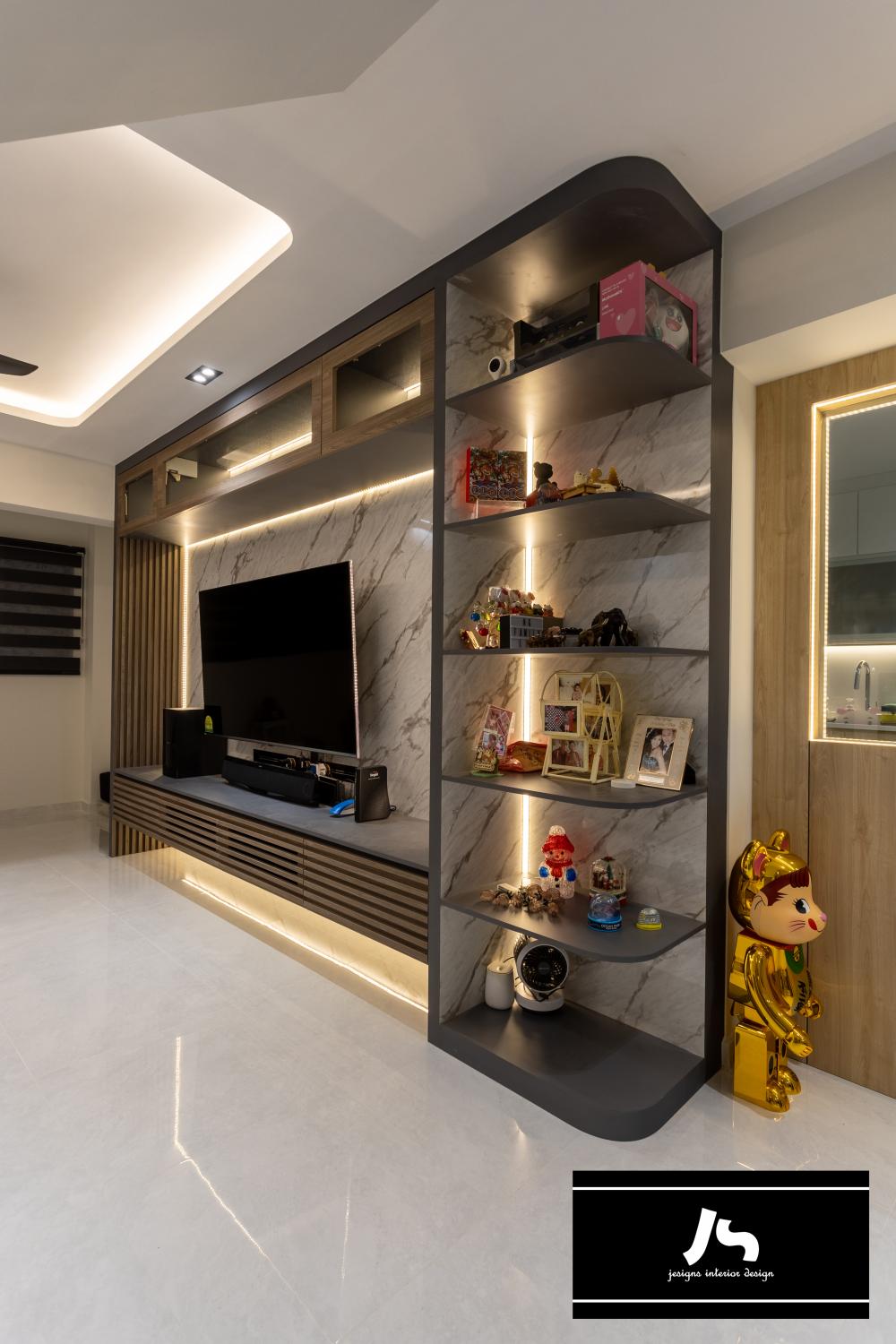 Modern Living Room with Bookshelf and TV Console