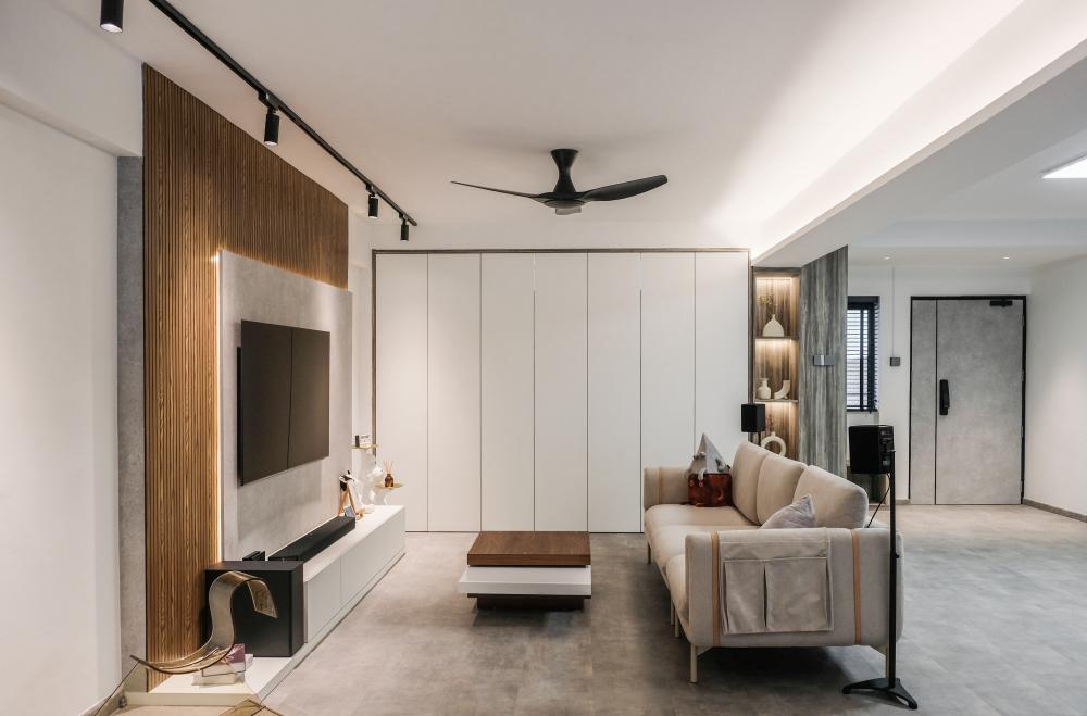 Eclectic Living Room with Vinyl Flooring and Cove Lighting