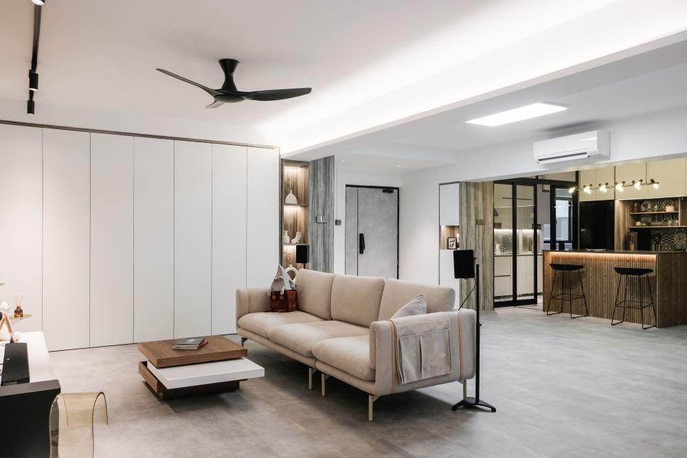 Eclectic Living Room with Vinyl Flooring and Bar Counter