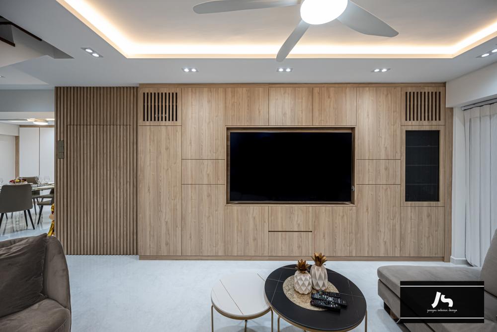 Modern Living Room with TV Console and Drop Light