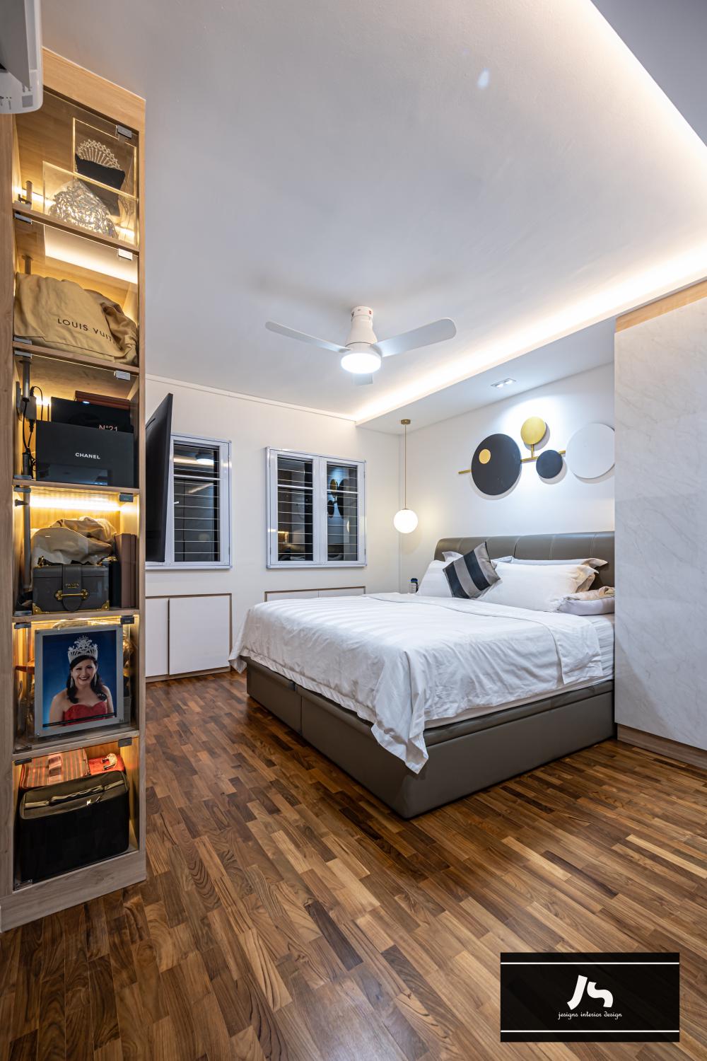 Modern Bedroom with Bookshelf and Vinyl Flooring
