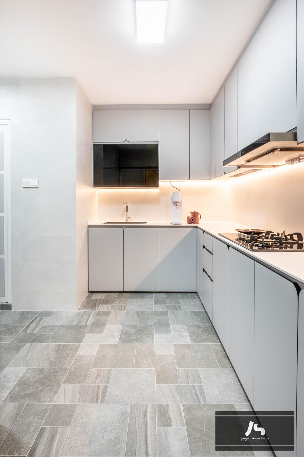 Minimalist Kitchen with Wood Flooring and Cupboard