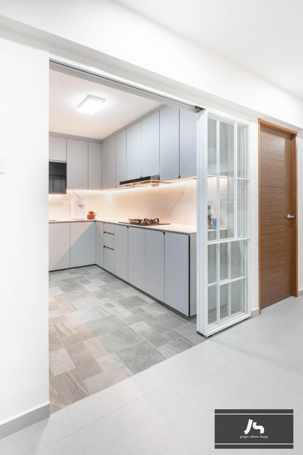 Minimalist Kitchen with Countertop and Homogeneous Tiles