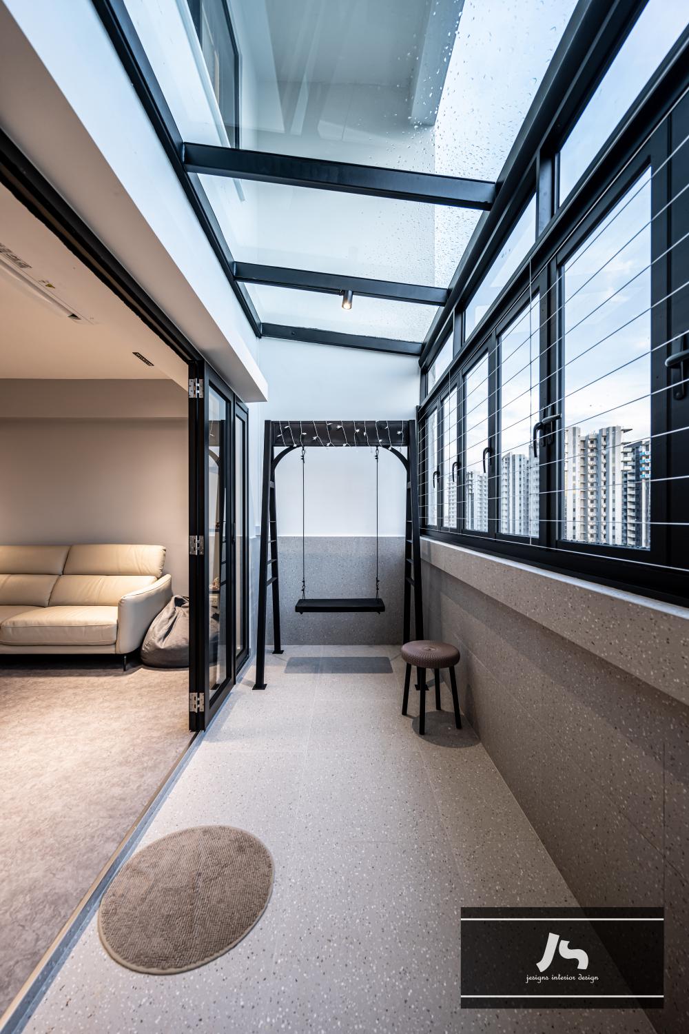 Modern Balcony with Window Seat and Window Shutters