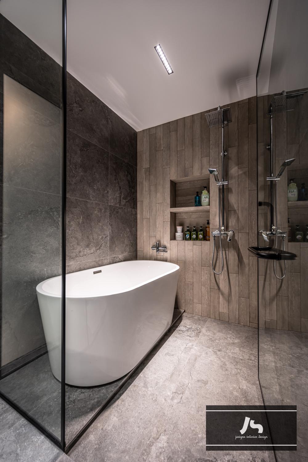 Modern Bathroom with Wood Flooring and Bathtub