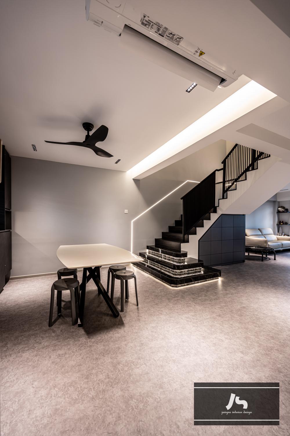 Modern Living Room with Staircase and Dining Table