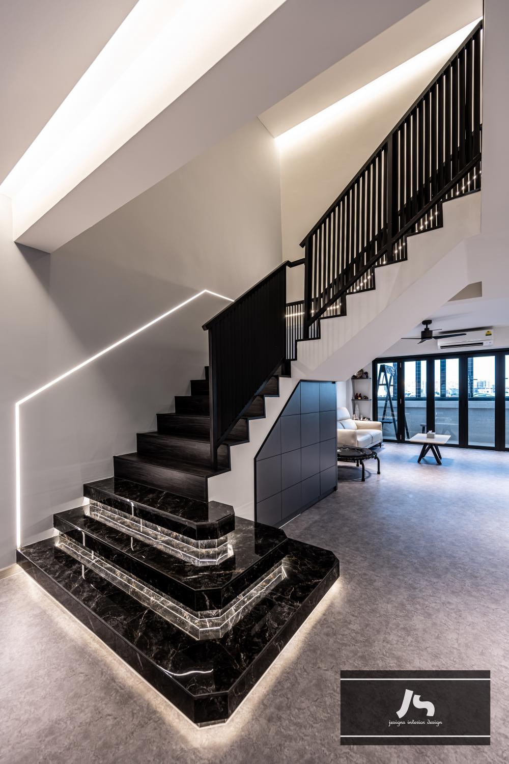 Modern Living Room with Marble Floor and Staircase