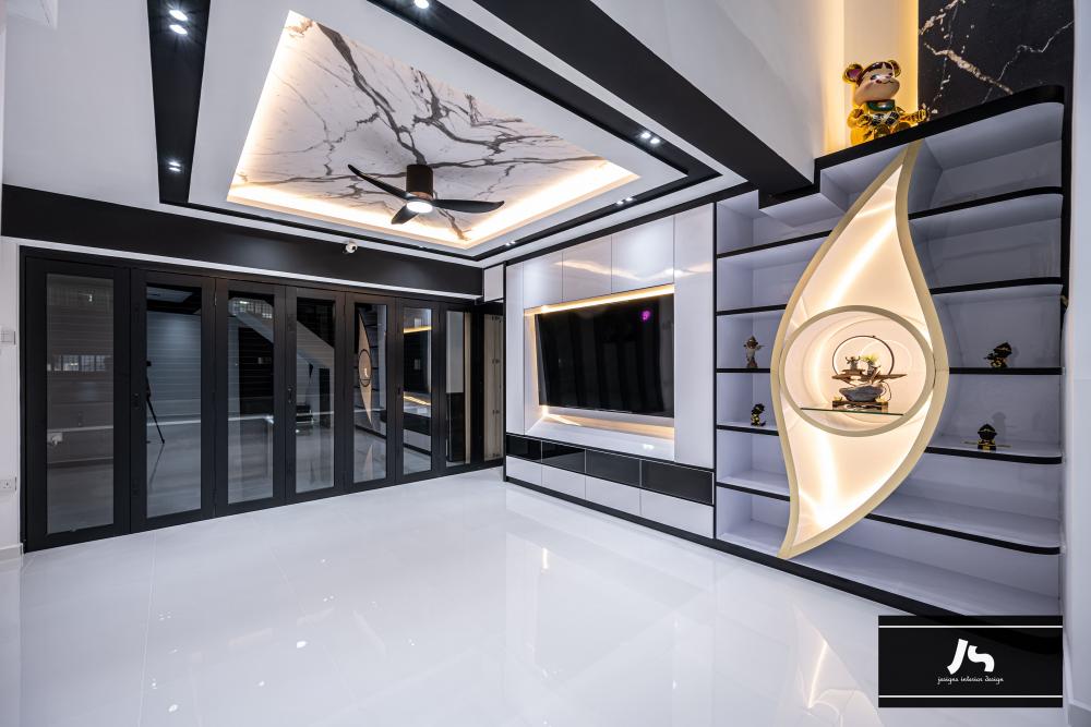 Modern Living Room with Bookshelf and TV Console