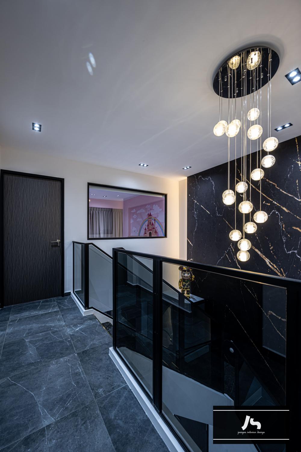 Modern Hallway with Drop Light and Staircase