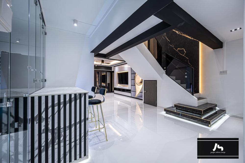 Modern Hallway with Kitchen Island and Staircase