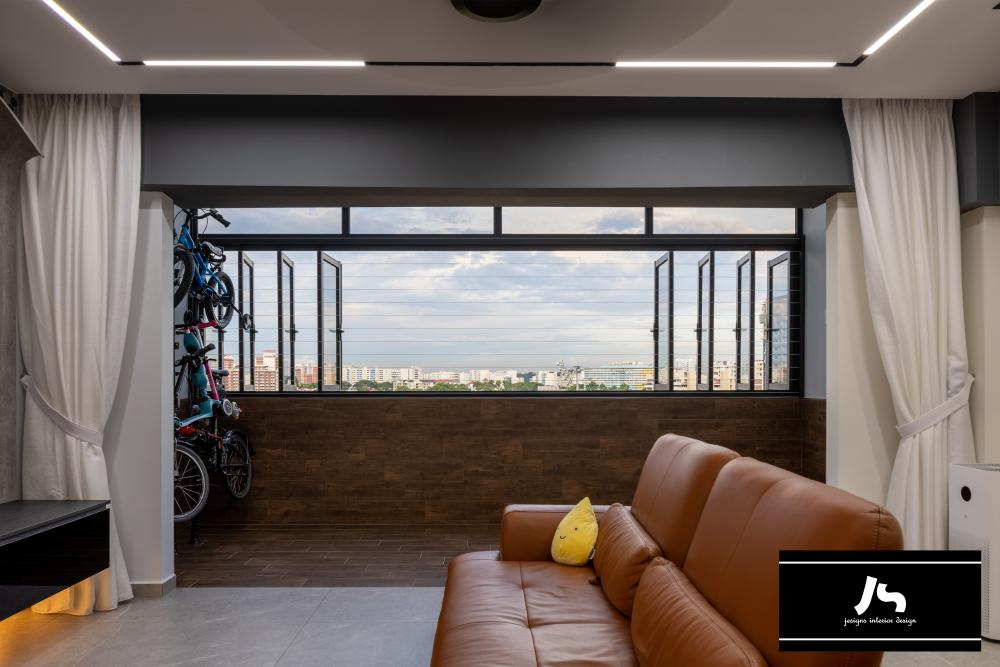 Modern Balcony with Window Seat and Window Shutters