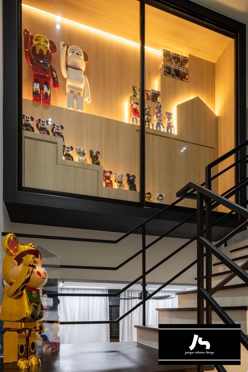 Modern Hallway with Bookshelf and Staircase