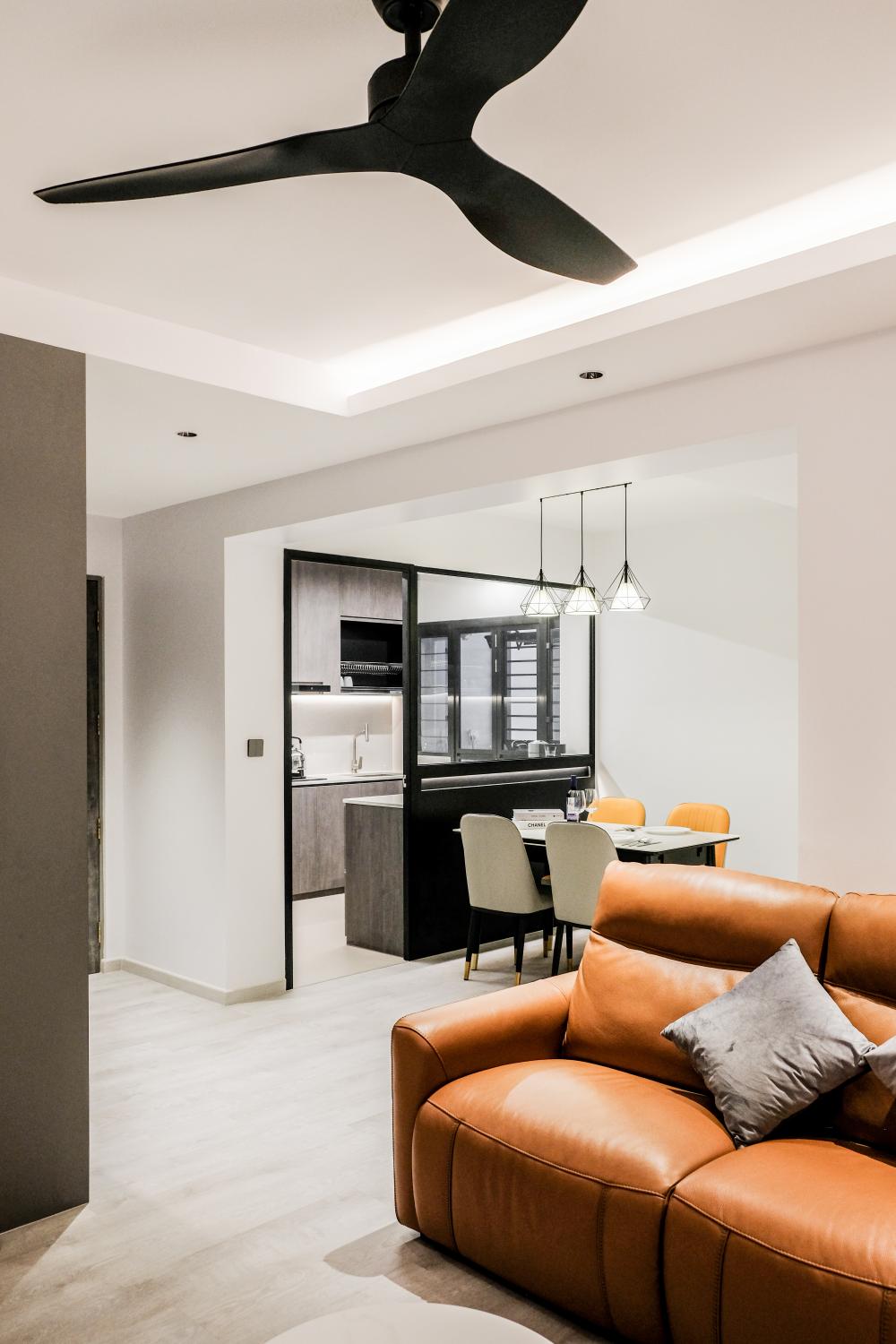 Modern Dining Room with Vinyl Flooring and Drop Light