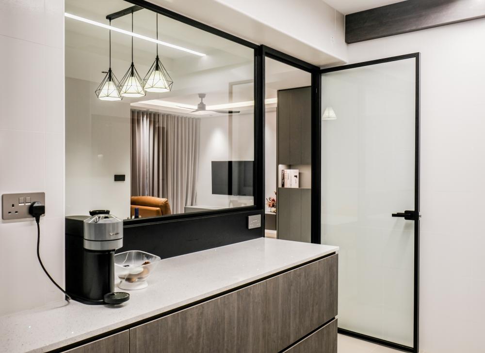 Modern Kitchen with Countertop and Glass Door