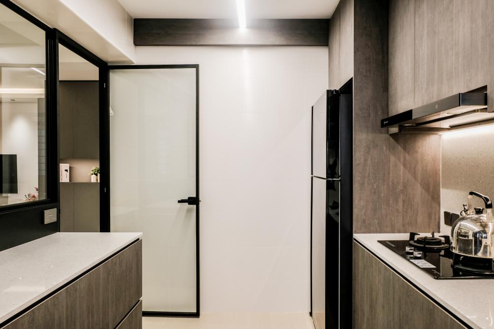 Modern Kitchen with Glass Door and Kitchen Backsplash