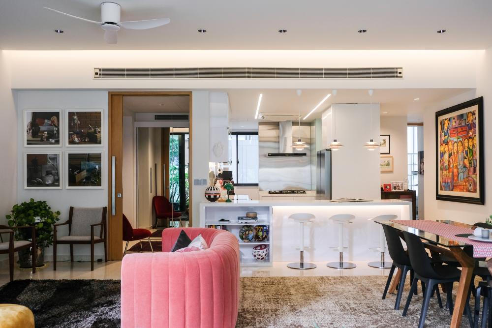 Modern Living Room with Marble Floor and Drop Light