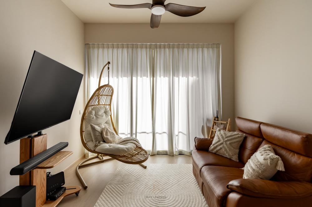 Scandinavian Living Room with Ceiling Fan and Carpet