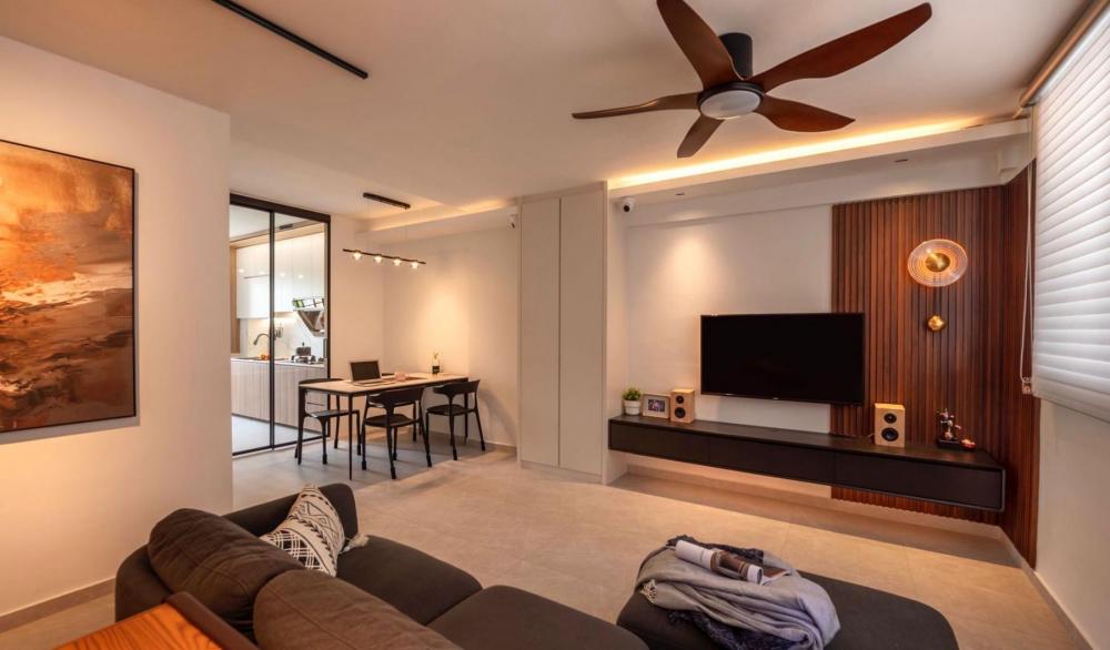 Asian Living Room with Homogeneous Tiles and TV Console