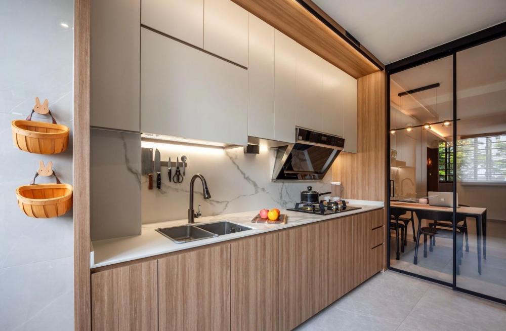 Asian Kitchen with Countertop and Homogeneous Tiles