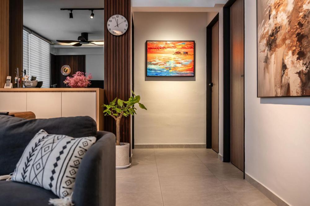 Asian Living Room with Homogeneous Tiles and Mirror