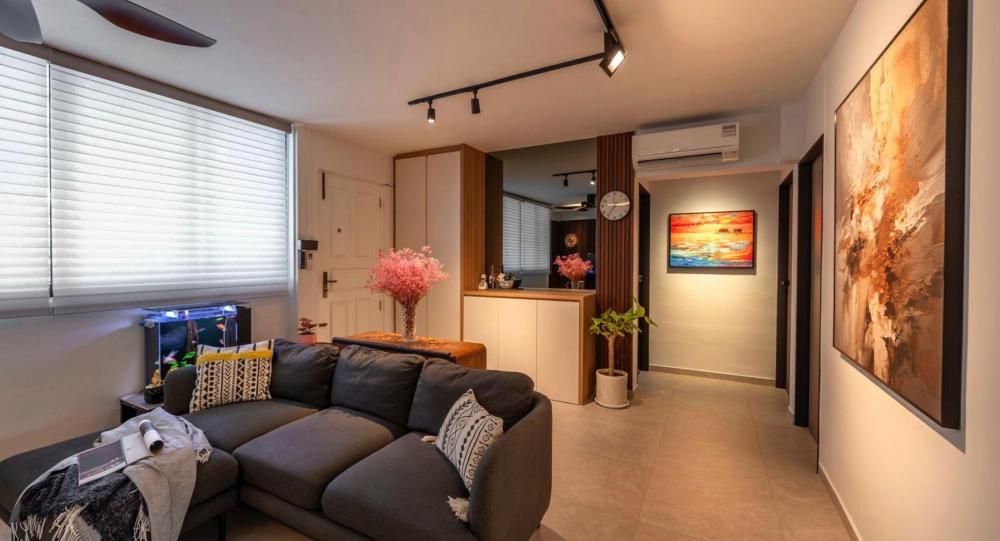 Asian Living Room with Mirror and Sofa