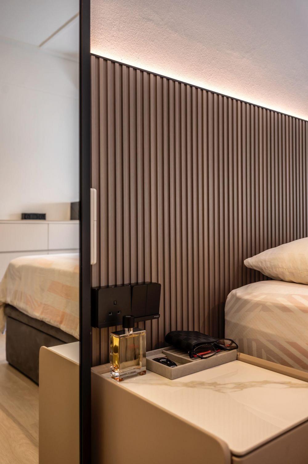 Asian Bedroom with Feature Wall and Cove Lighting