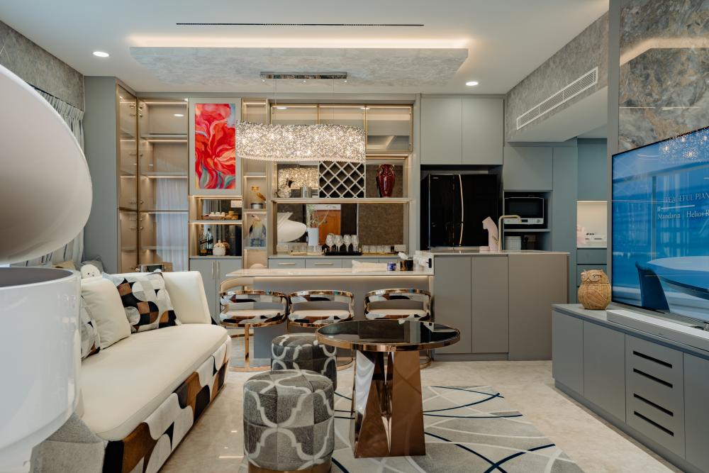 Modern Living Room with Parquet Floor and TV Console