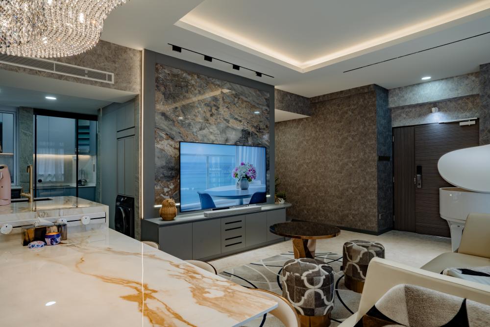 Modern Living Room with Chandelier and Downlights
