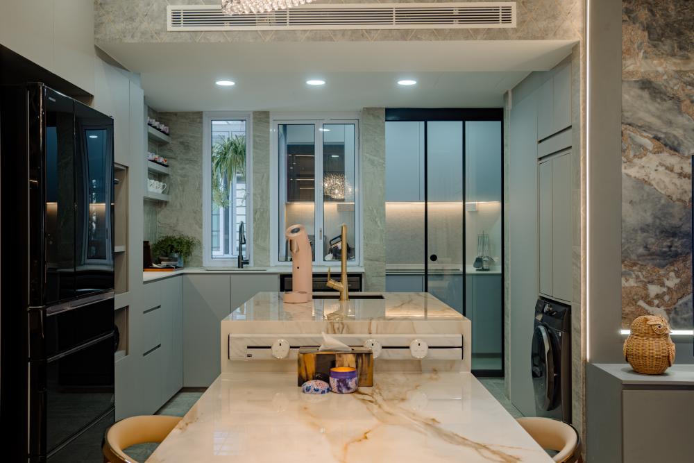 Modern Kitchen with Parquet Floor and Cement Floor