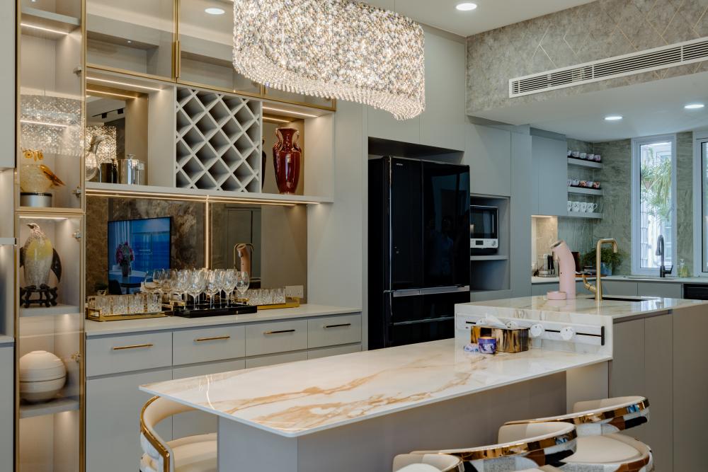 Modern Kitchen with Herringbone Tiling and Cement Floor