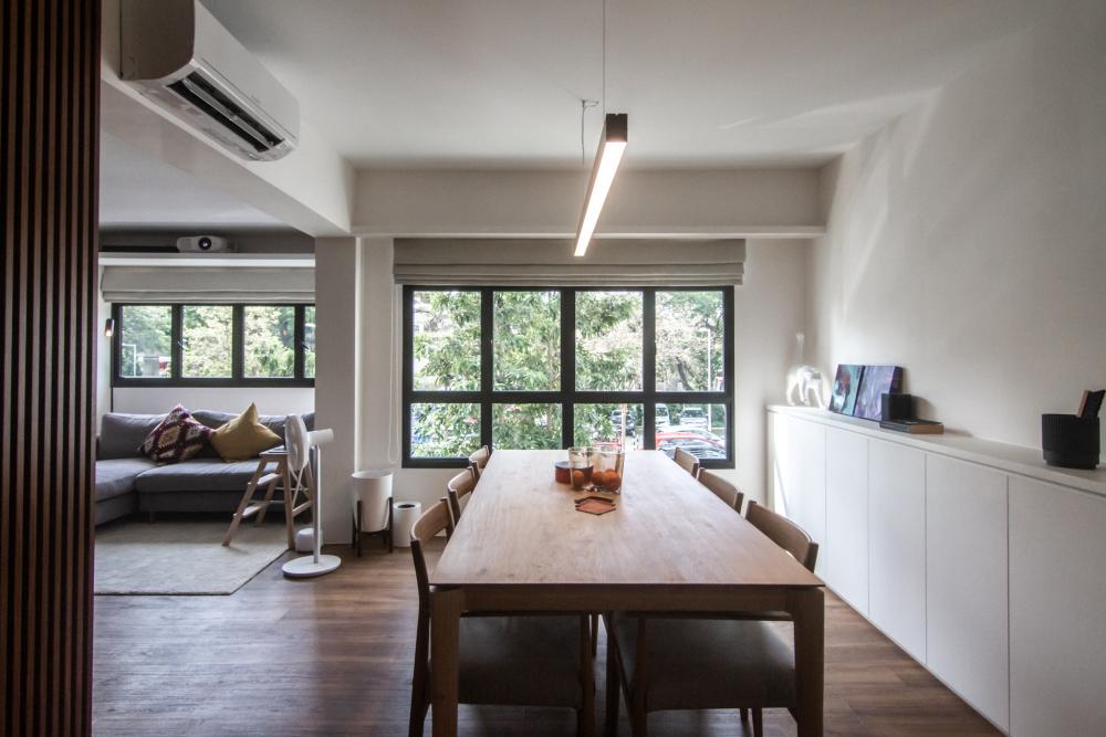 Contemporary Living Room with Vinyl Flooring and Drop Light
