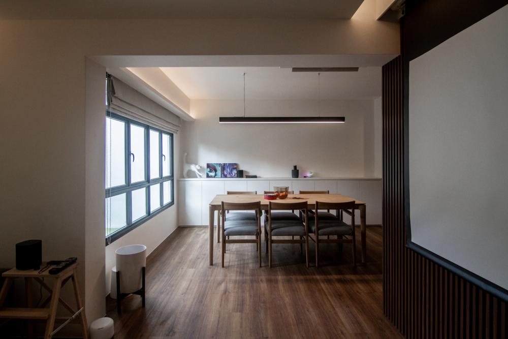 Contemporary Living Room with Vinyl Flooring and Drop Light
