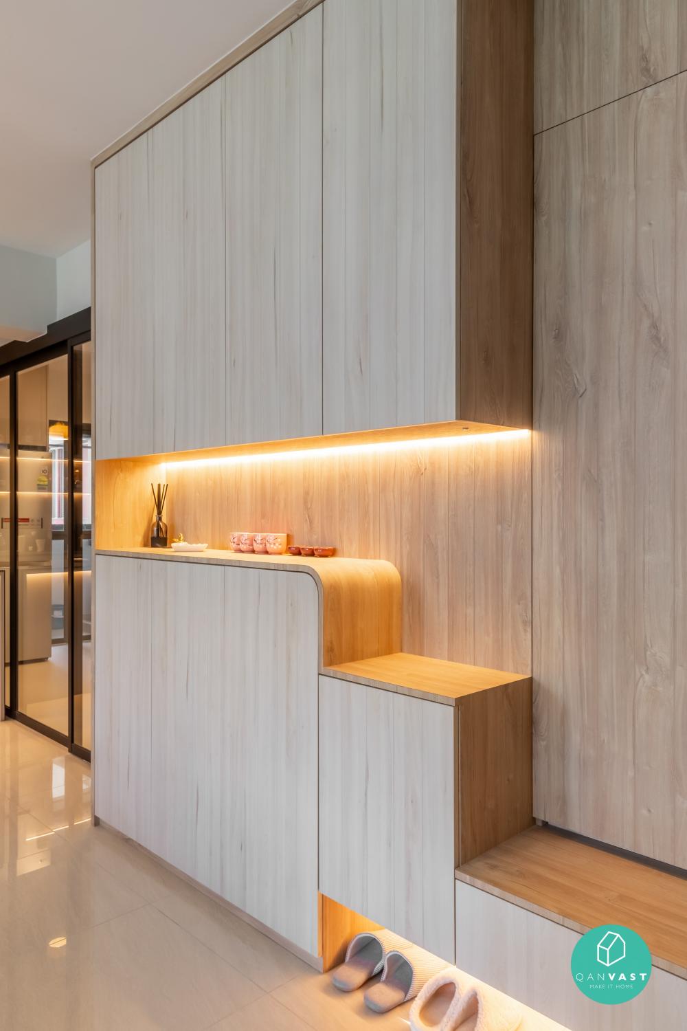 Modern Entryway with Homogeneous Tiles and Seating Bench