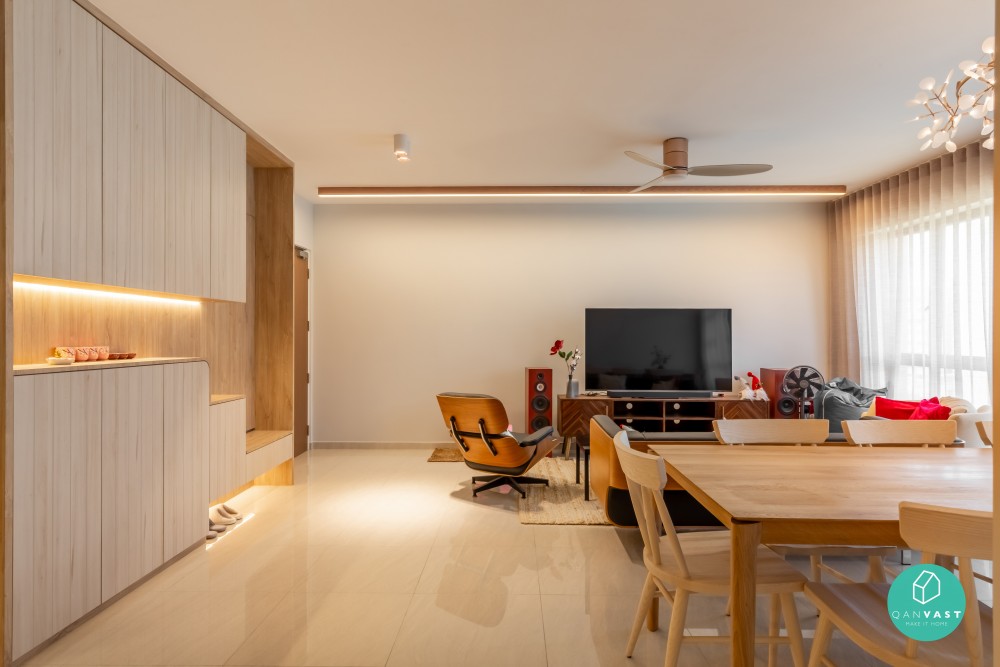 Modern Living Room with Homogeneous Tiles and TV Console