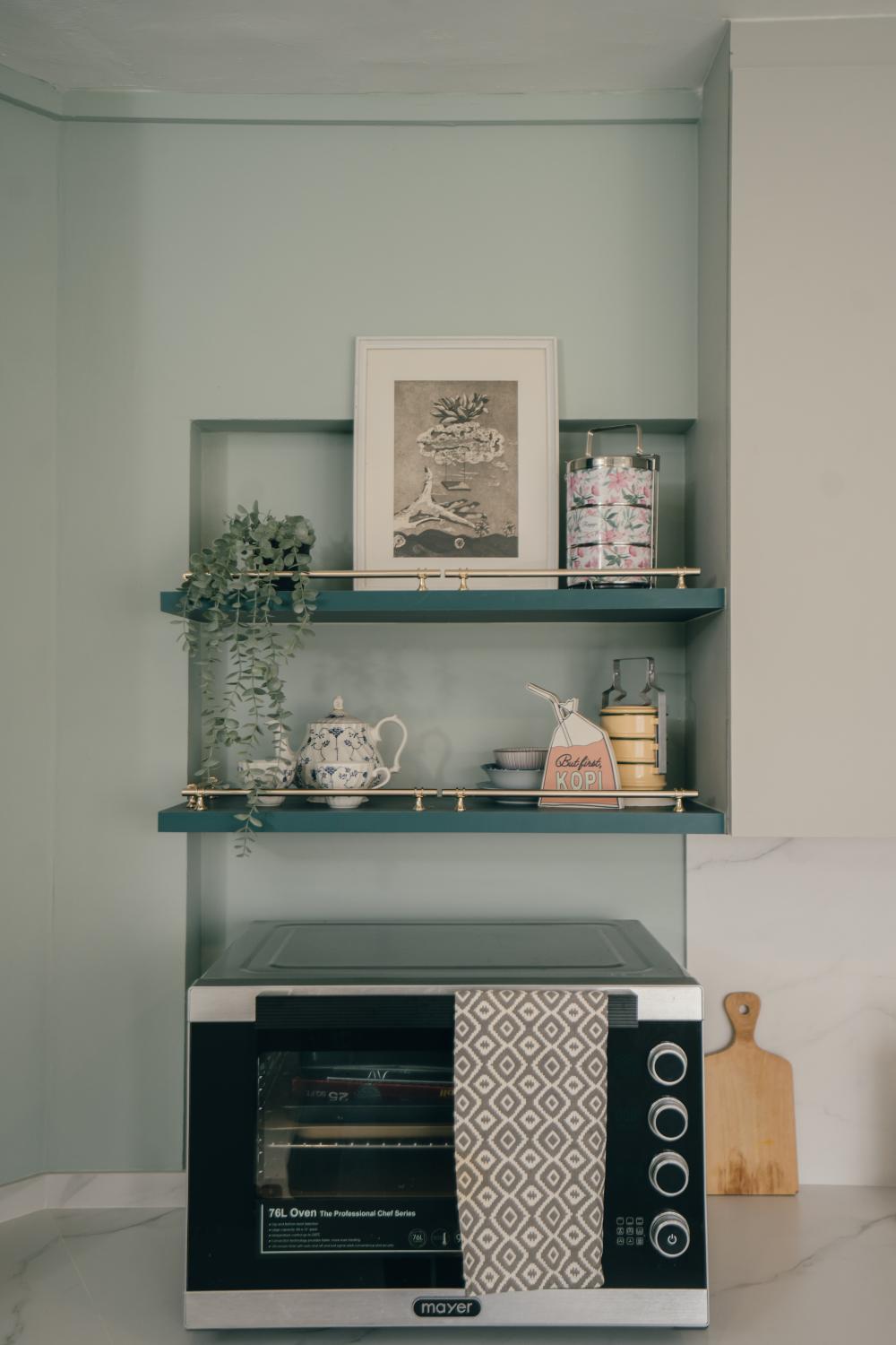 Modern Kitchen with Countertop and Wall Shelves