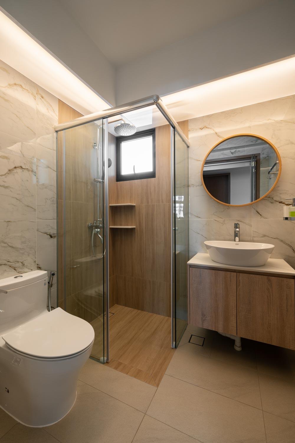 Minimalist Bathroom with Herringbone Tiling and Shower Screen