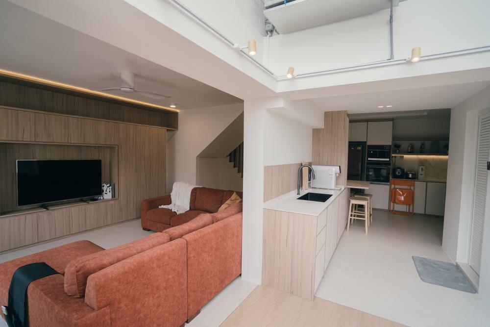 Modern Living Room with TV Console and Drop Ceiling