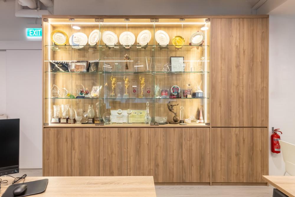 Modern Office with Vinyl Flooring and Storage Cabinets