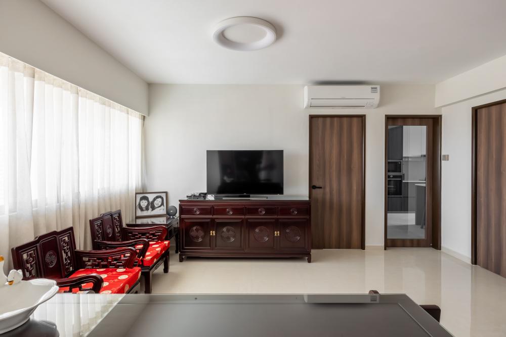 Modern Living Room with Homogeneous Tiles and TV Console