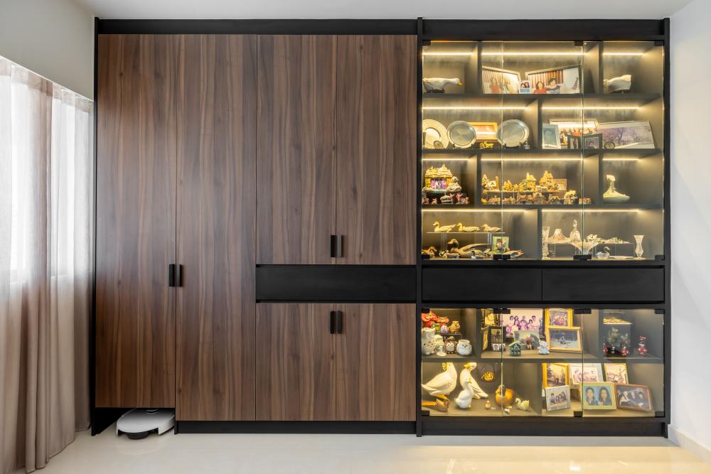 Modern Study with Homogeneous Tiles and Storage Cabinets