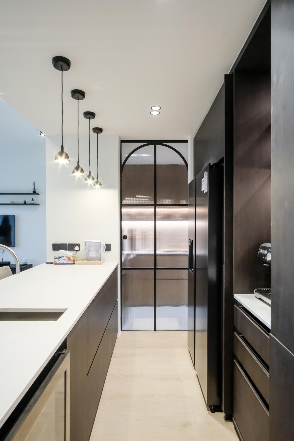 Contemporary Pantry with Drop Light and Kitchen Island