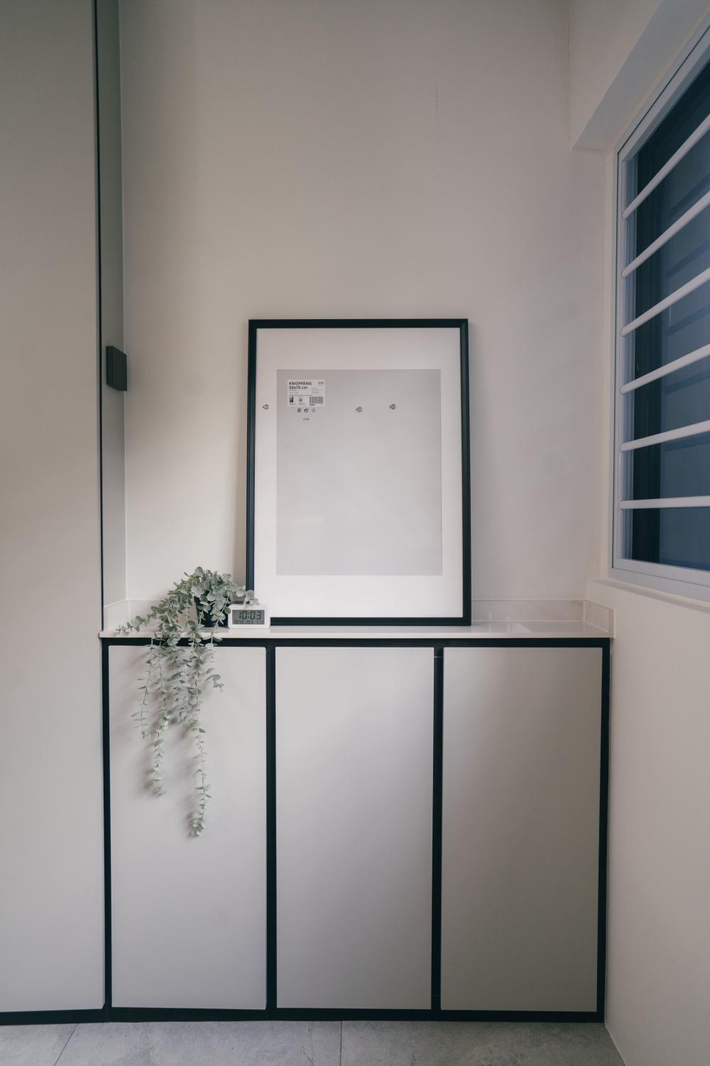 Modern Bedroom with Window Grille and Storage Cabinets